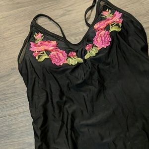 Black one piece swimsuit with embroidery, NWOT